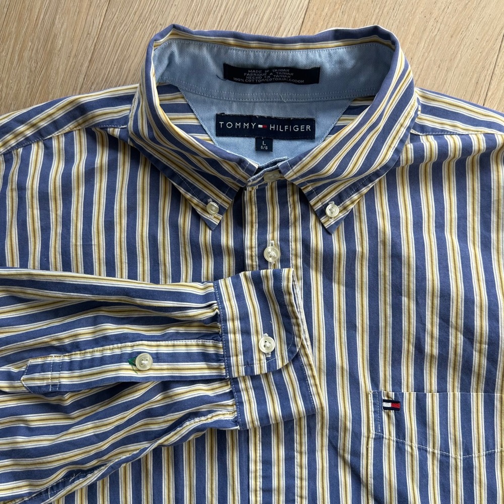 Tommy Hilfiger Button Down Shirt Mens XL Blue Yellow‎ Striped Long Sleeve Preppy